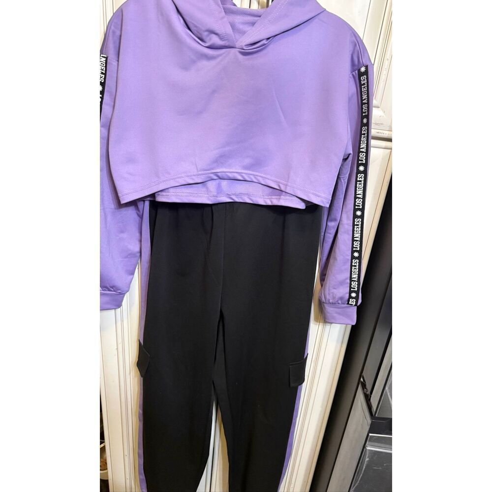 Los Angeles Youth Girls Crop Hoodie and Sweatpants Set Purple Black Size 13-14
